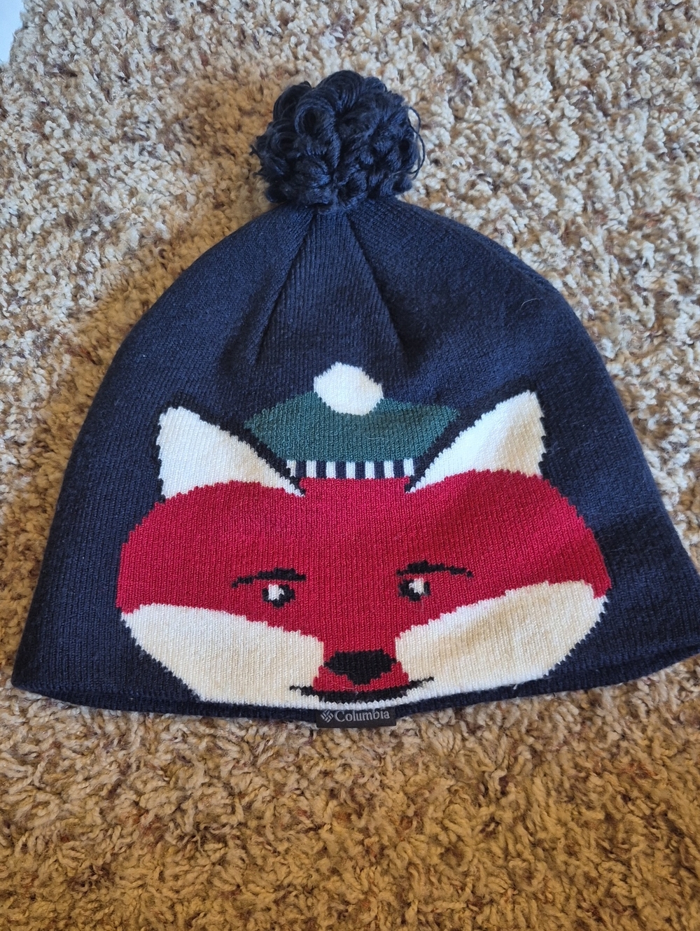 Columbia Navy Kids Pom Beanie with Red Fox Motif